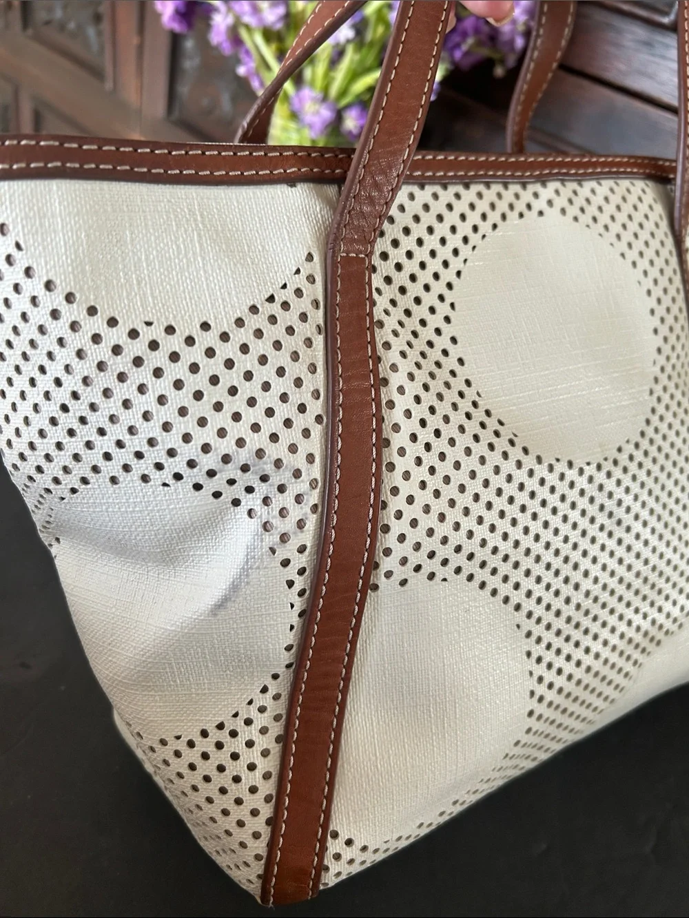 Fossil Cream and Brown Perforated Dot Tote